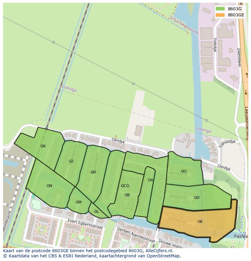 Afbeelding van het postcodegebied 8603 GE op de kaart.