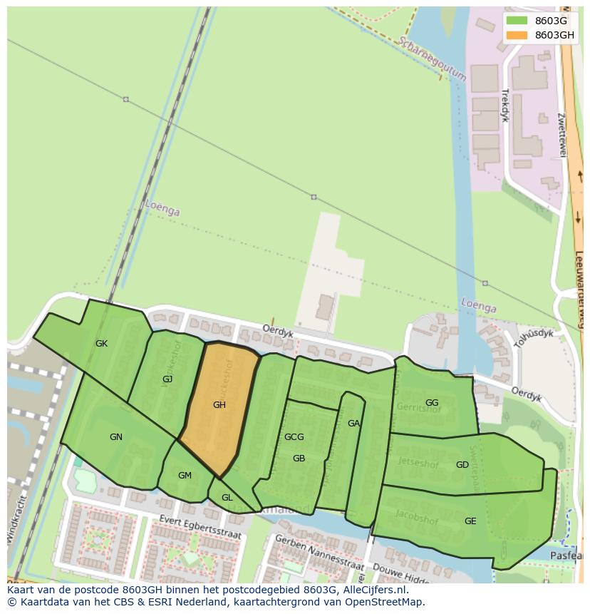 Afbeelding van het postcodegebied 8603 GH op de kaart.