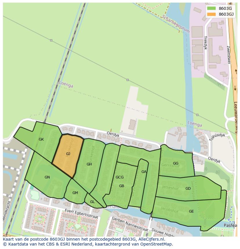 Afbeelding van het postcodegebied 8603 GJ op de kaart.