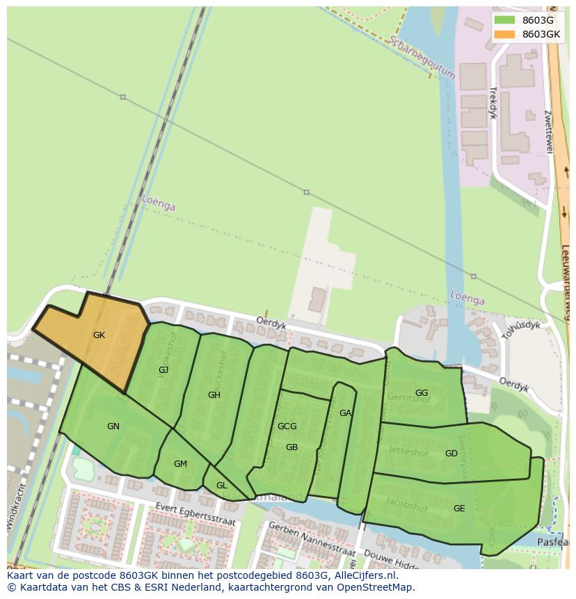Afbeelding van het postcodegebied 8603 GK op de kaart.