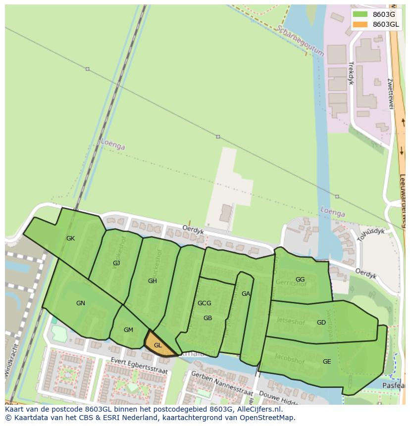 Afbeelding van het postcodegebied 8603 GL op de kaart.