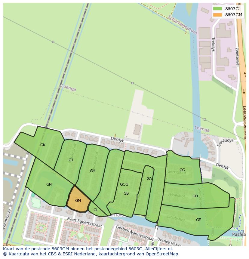 Afbeelding van het postcodegebied 8603 GM op de kaart.
