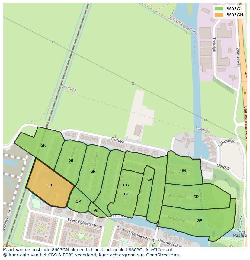 Afbeelding van het postcodegebied 8603 GN op de kaart.