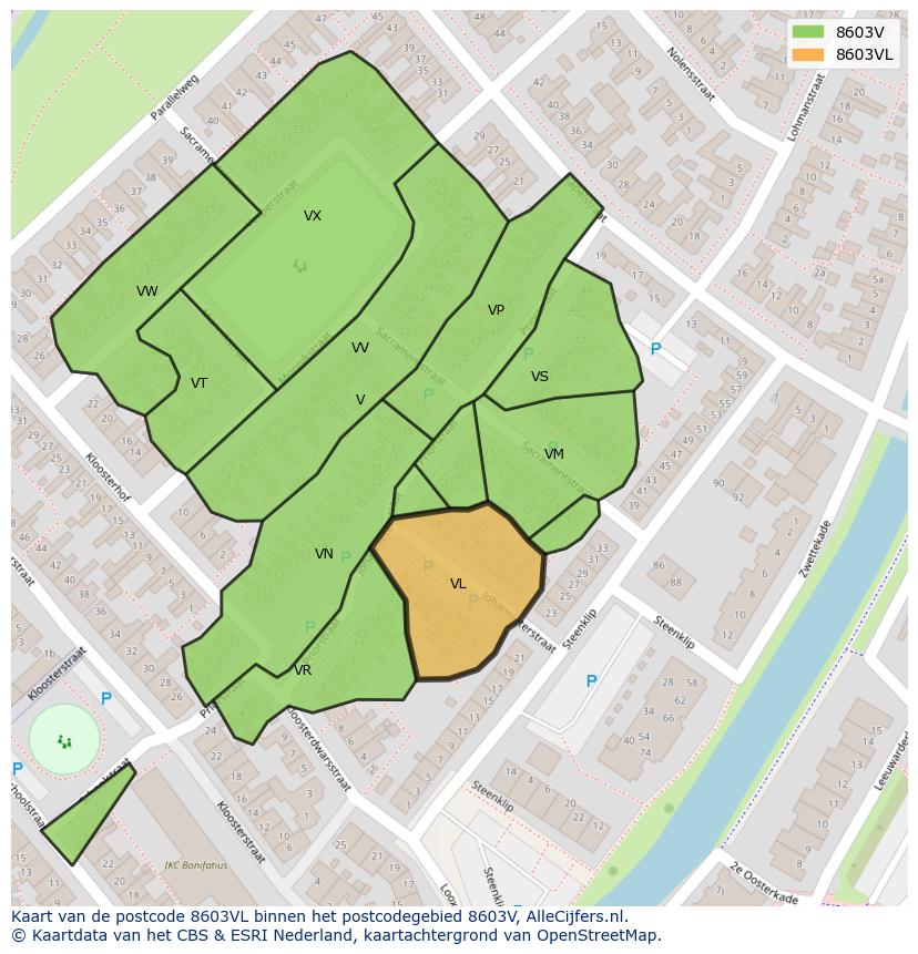 Afbeelding van het postcodegebied 8603 VL op de kaart.
