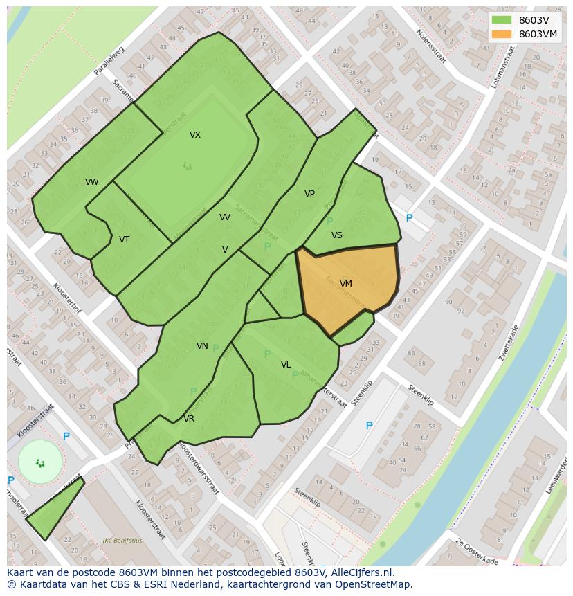 Afbeelding van het postcodegebied 8603 VM op de kaart.