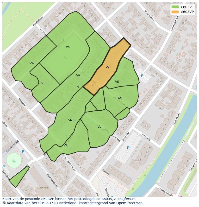 Afbeelding van het postcodegebied 8603 VP op de kaart.