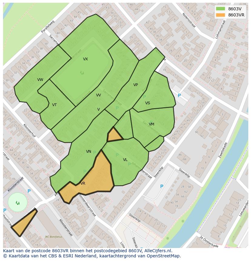 Afbeelding van het postcodegebied 8603 VR op de kaart.