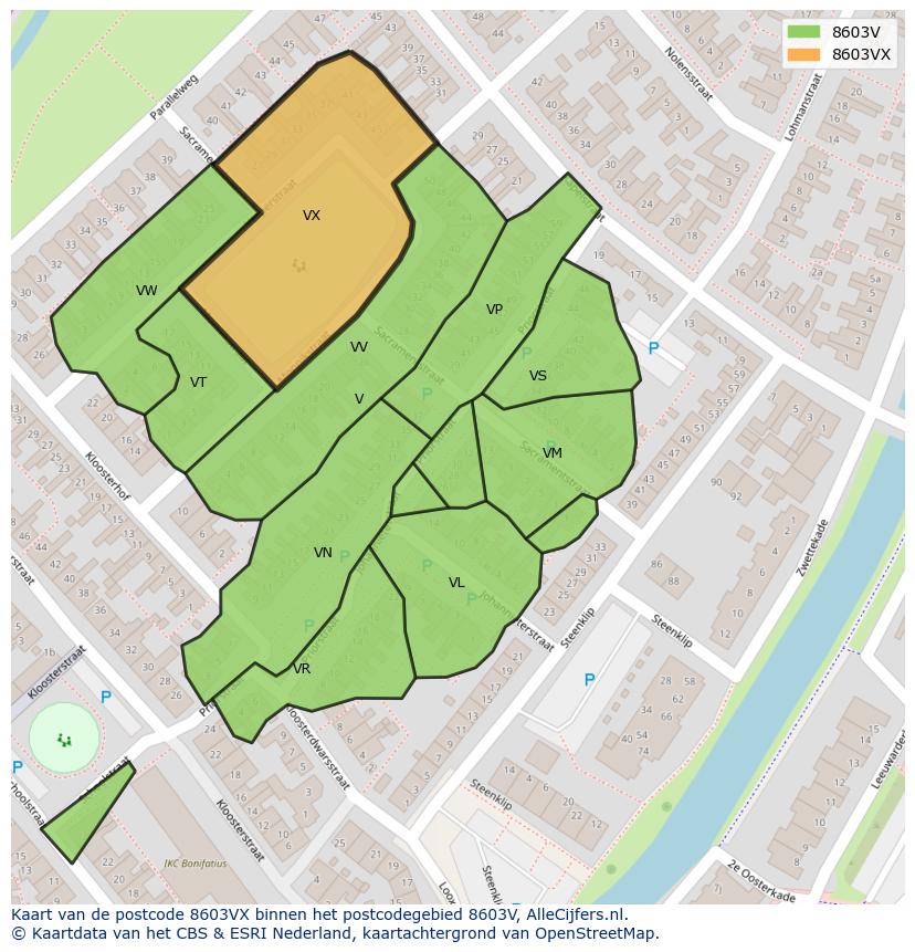 Afbeelding van het postcodegebied 8603 VX op de kaart.
