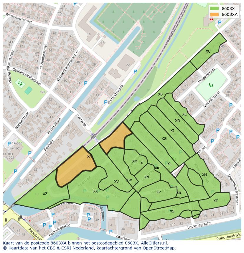 Afbeelding van het postcodegebied 8603 XA op de kaart.