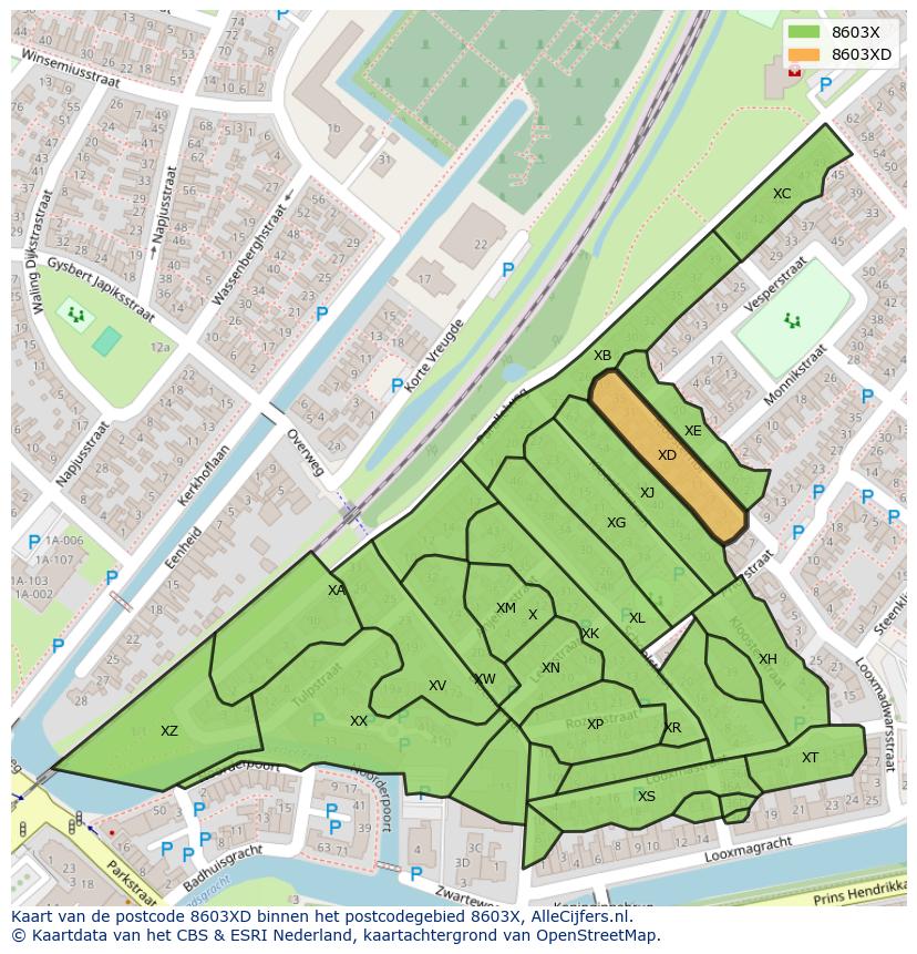 Afbeelding van het postcodegebied 8603 XD op de kaart.