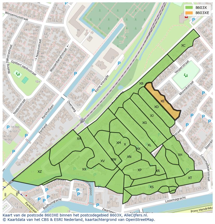 Afbeelding van het postcodegebied 8603 XE op de kaart.