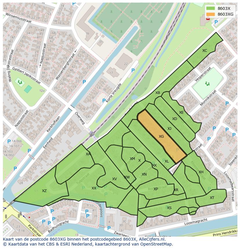 Afbeelding van het postcodegebied 8603 XG op de kaart.