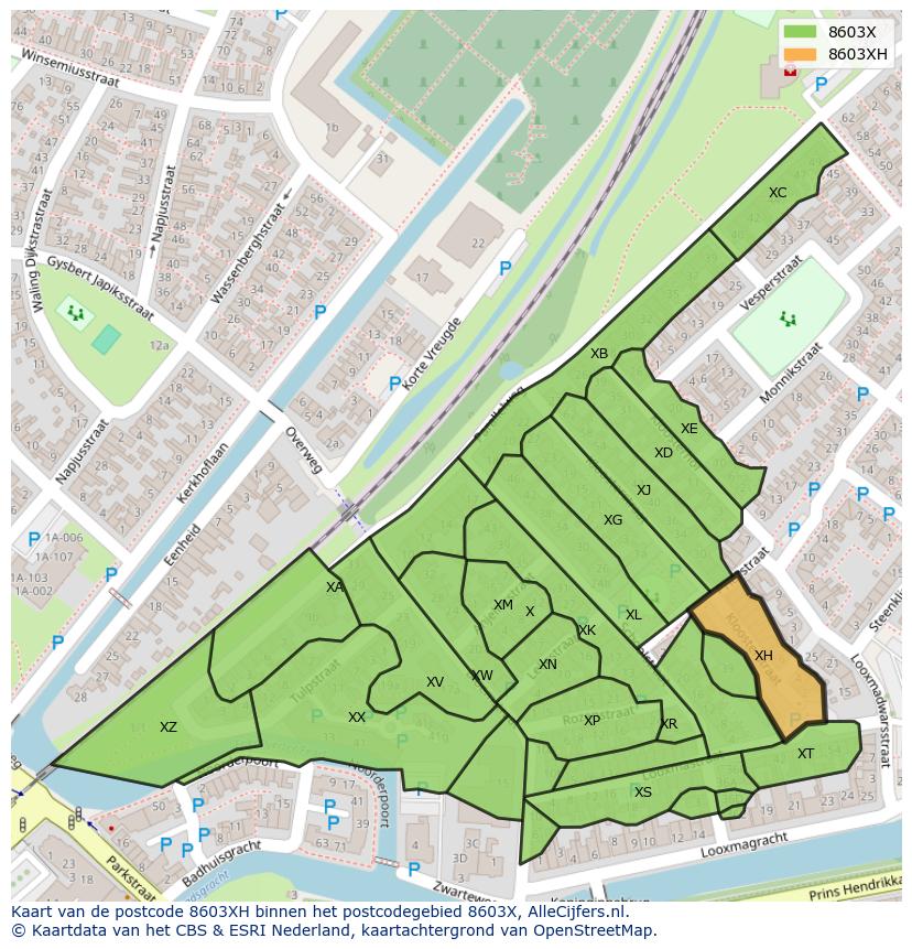 Afbeelding van het postcodegebied 8603 XH op de kaart.