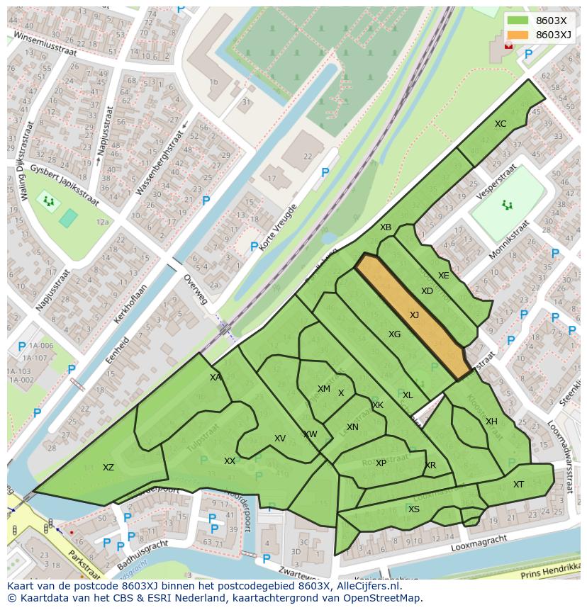 Afbeelding van het postcodegebied 8603 XJ op de kaart.
