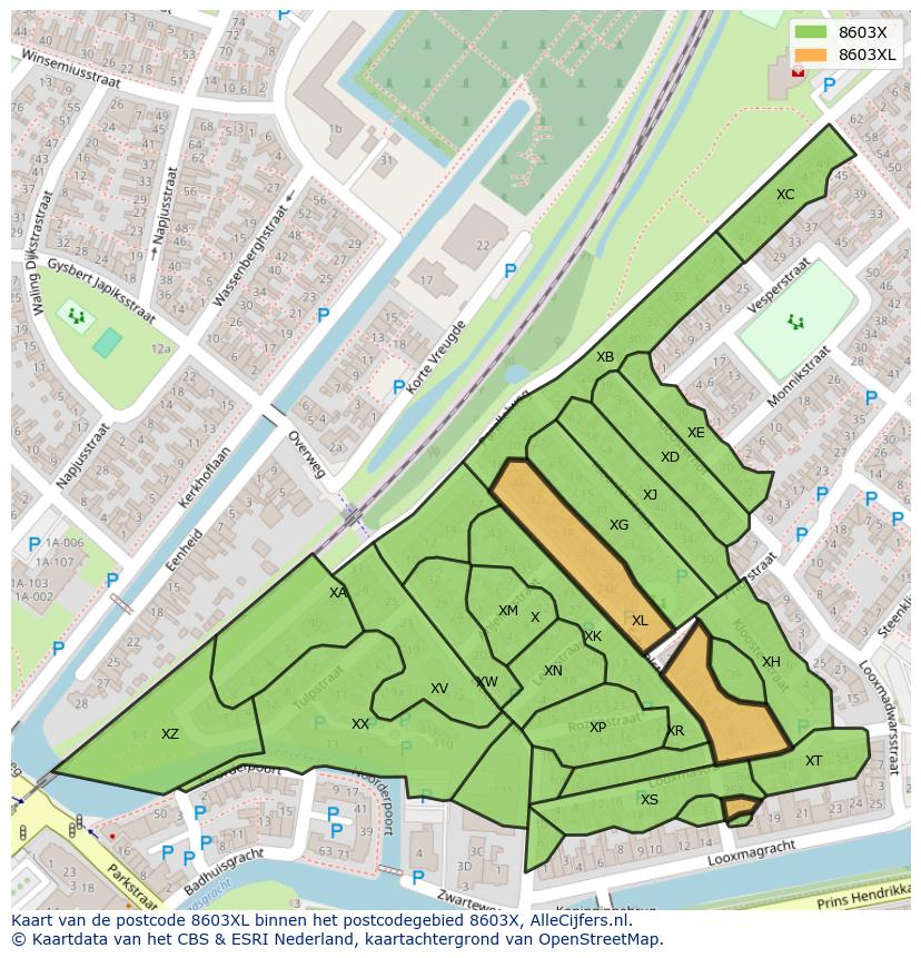 Afbeelding van het postcodegebied 8603 XL op de kaart.