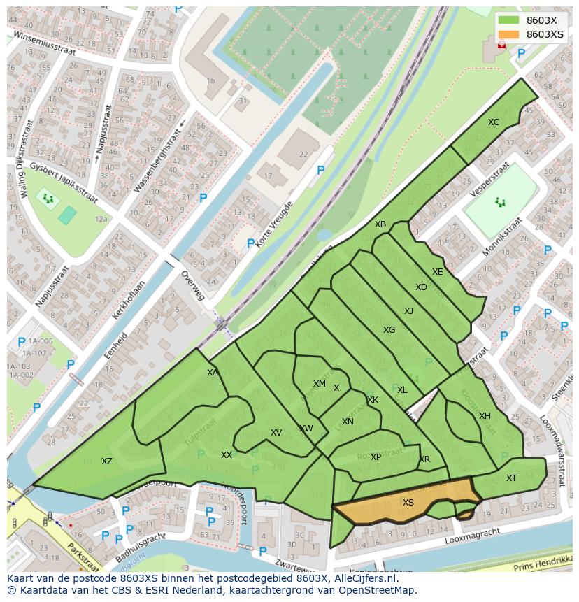 Afbeelding van het postcodegebied 8603 XS op de kaart.