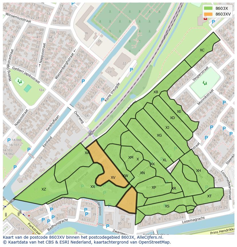 Afbeelding van het postcodegebied 8603 XV op de kaart.