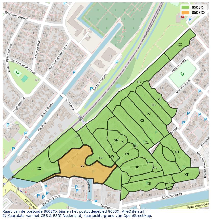 Afbeelding van het postcodegebied 8603 XX op de kaart.