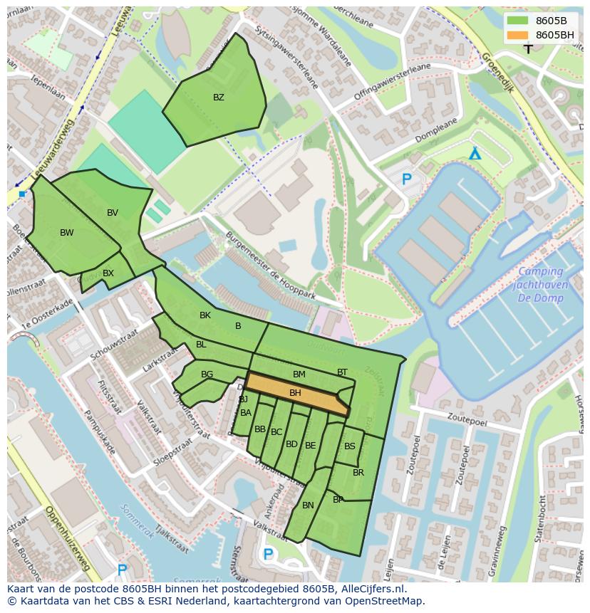 Afbeelding van het postcodegebied 8605 BH op de kaart.