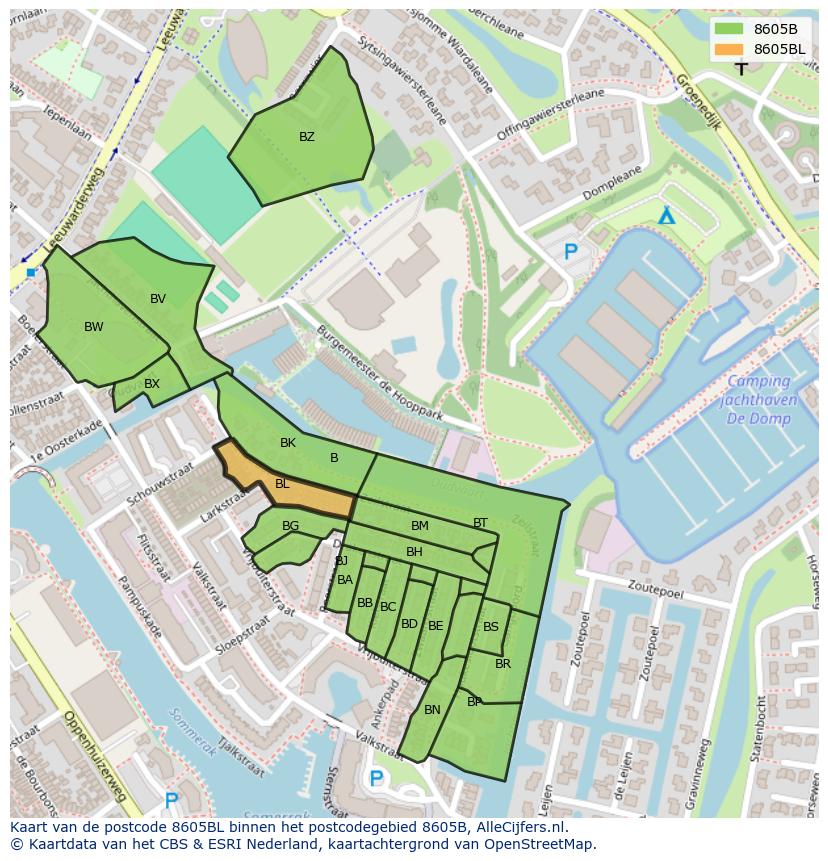 Afbeelding van het postcodegebied 8605 BL op de kaart.
