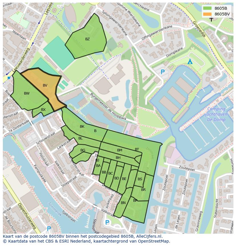 Afbeelding van het postcodegebied 8605 BV op de kaart.
