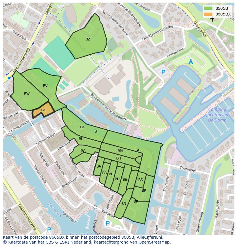 Afbeelding van het postcodegebied 8605 BX op de kaart.