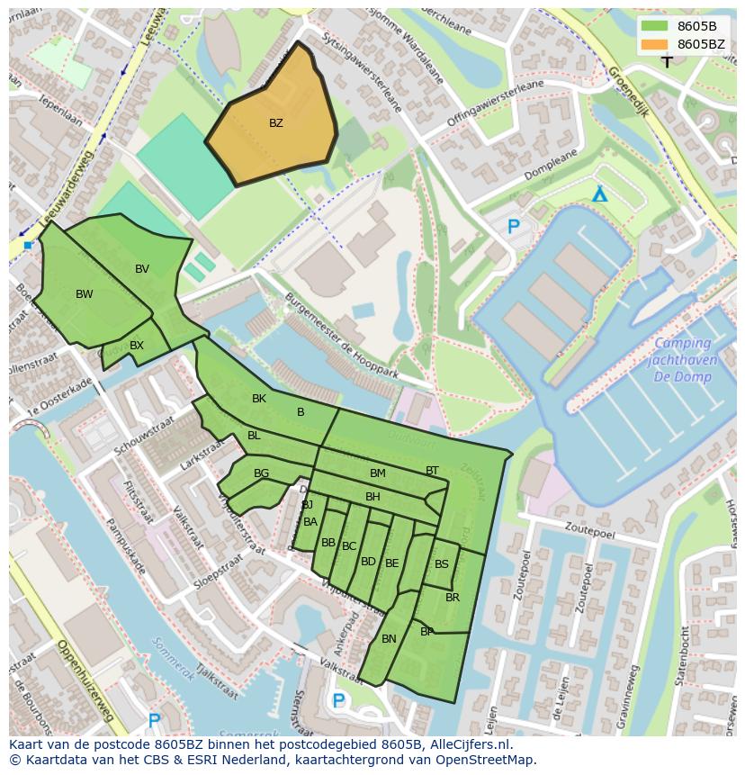 Afbeelding van het postcodegebied 8605 BZ op de kaart.