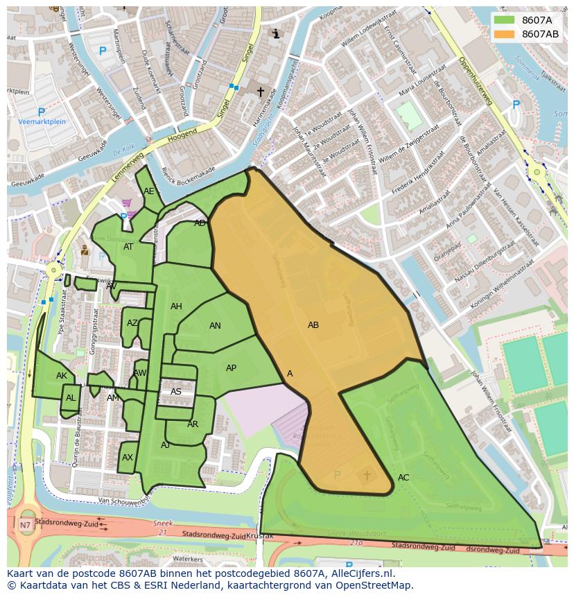 Afbeelding van het postcodegebied 8607 AB op de kaart.
