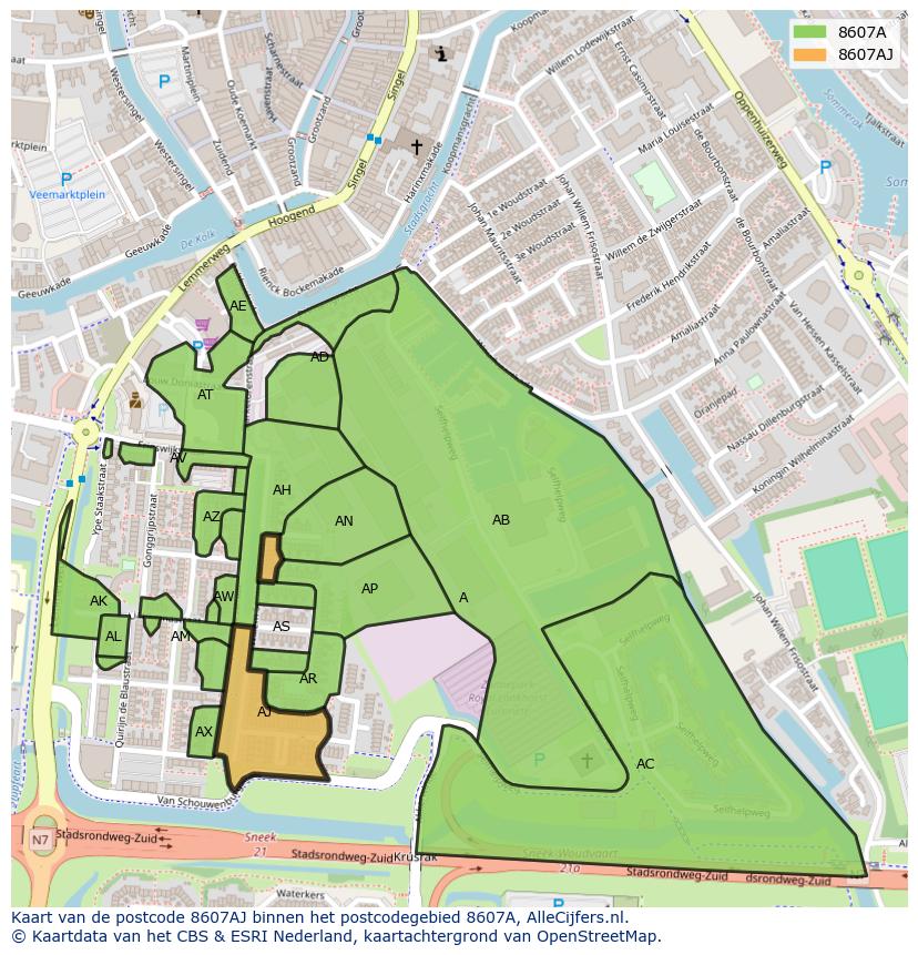 Afbeelding van het postcodegebied 8607 AJ op de kaart.