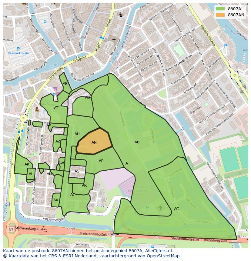 Afbeelding van het postcodegebied 8607 AN op de kaart.