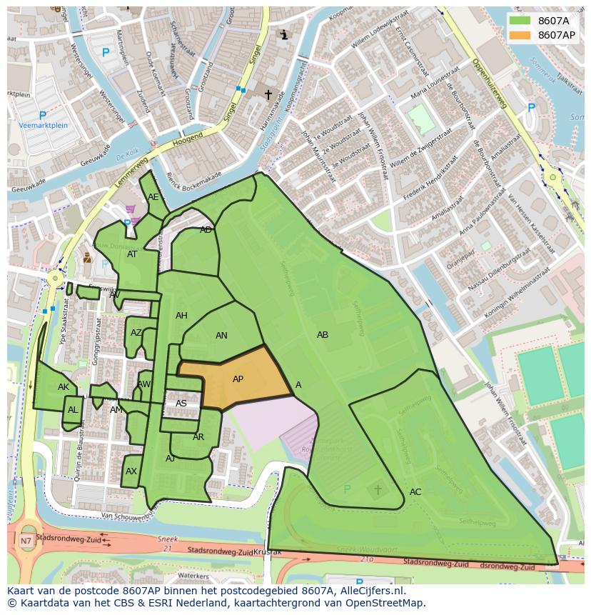 Afbeelding van het postcodegebied 8607 AP op de kaart.