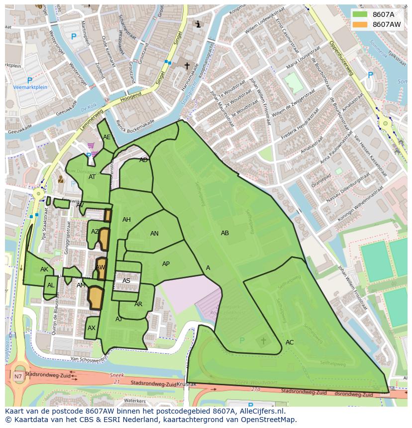 Afbeelding van het postcodegebied 8607 AW op de kaart.