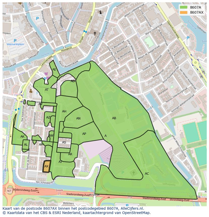 Afbeelding van het postcodegebied 8607 AX op de kaart.