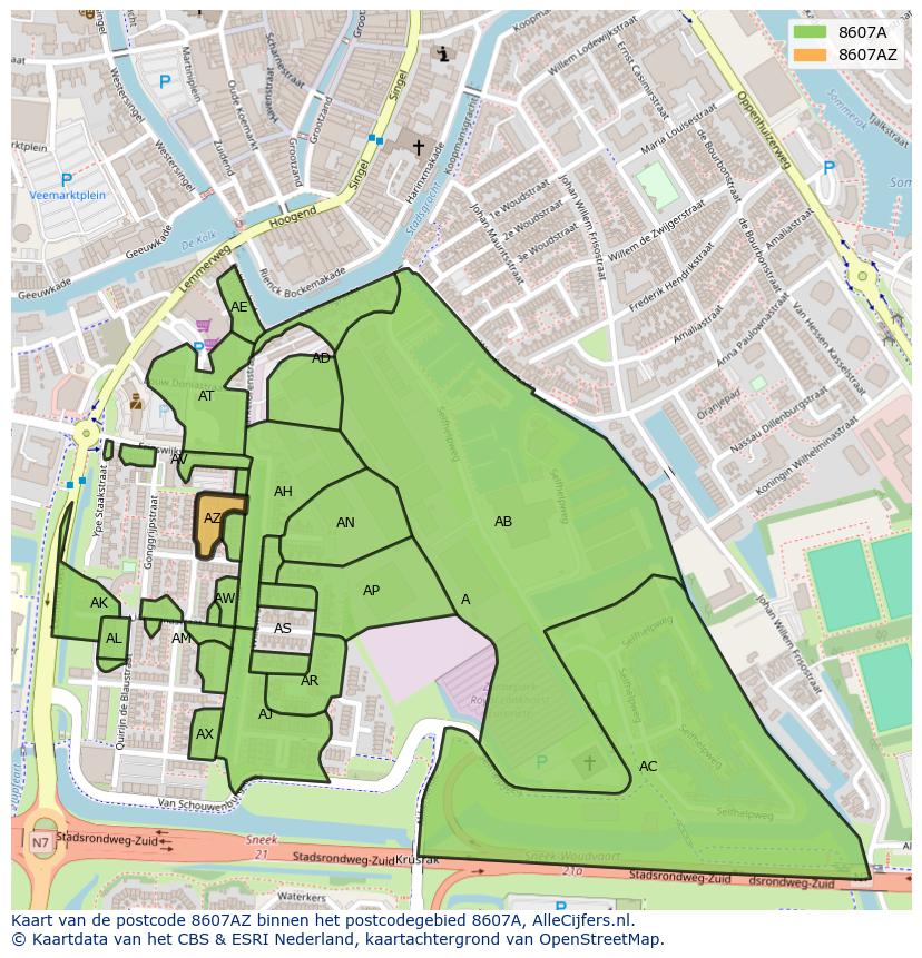 Afbeelding van het postcodegebied 8607 AZ op de kaart.