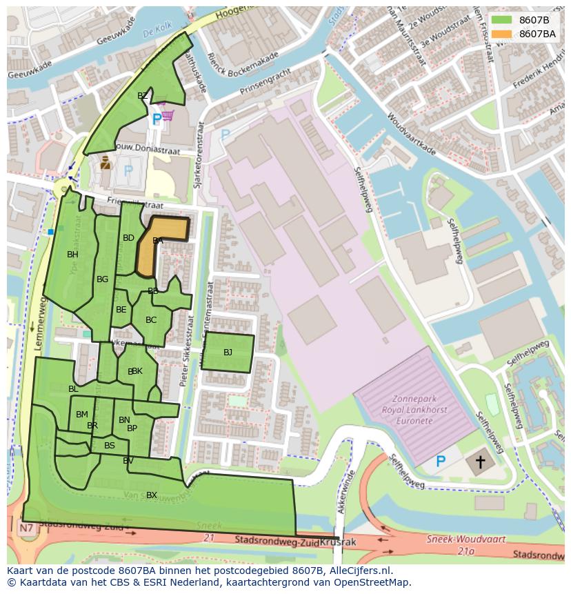 Afbeelding van het postcodegebied 8607 BA op de kaart.