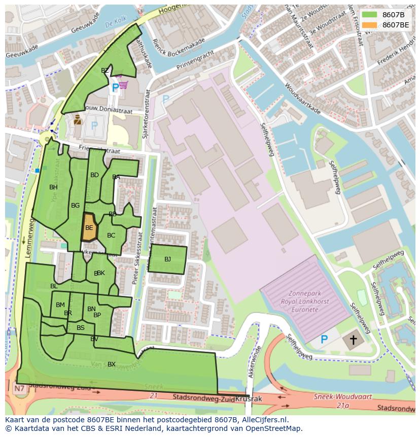 Afbeelding van het postcodegebied 8607 BE op de kaart.