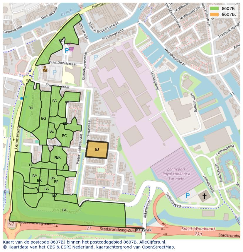 Afbeelding van het postcodegebied 8607 BJ op de kaart.