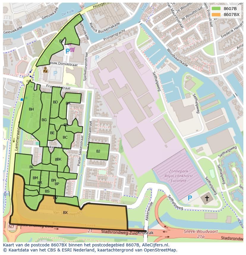 Afbeelding van het postcodegebied 8607 BX op de kaart.