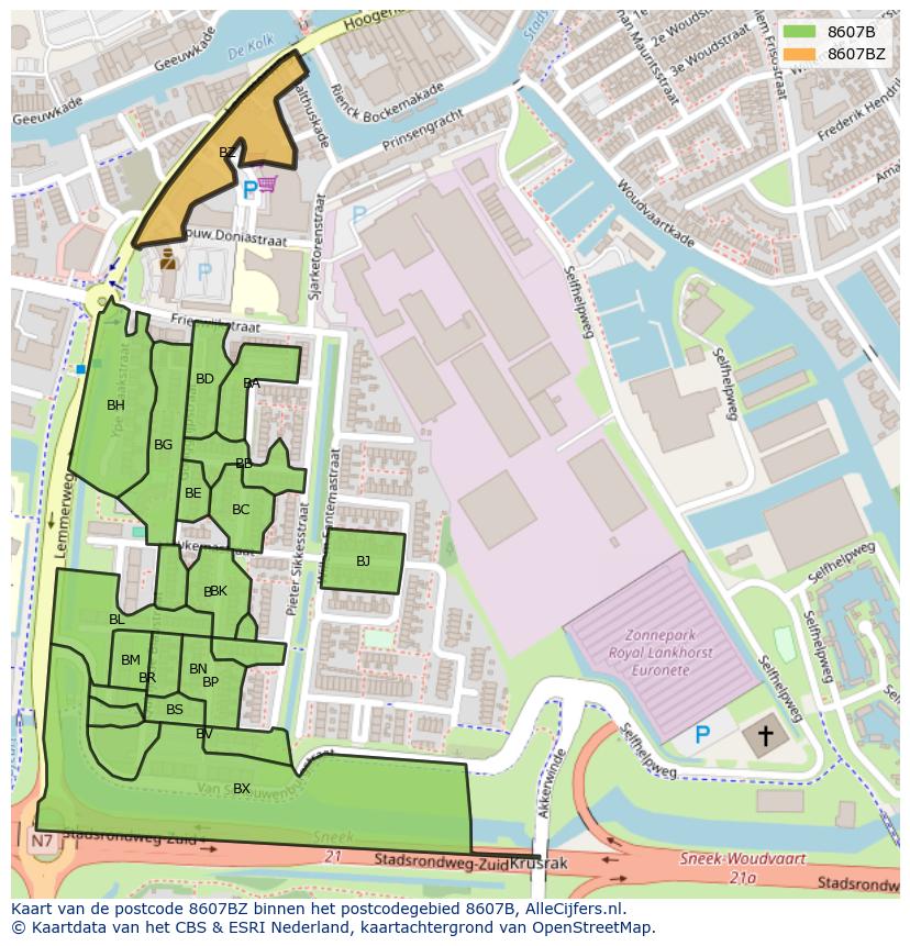 Afbeelding van het postcodegebied 8607 BZ op de kaart.