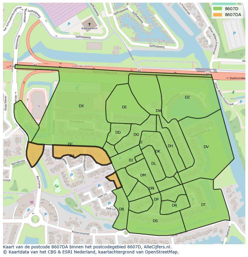 Afbeelding van het postcodegebied 8607 DA op de kaart.