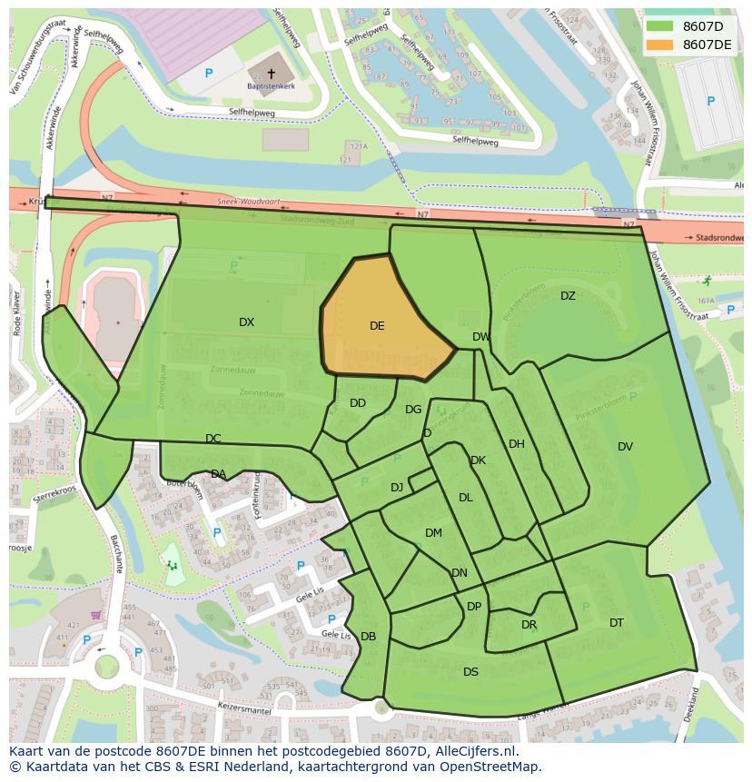 Afbeelding van het postcodegebied 8607 DE op de kaart.