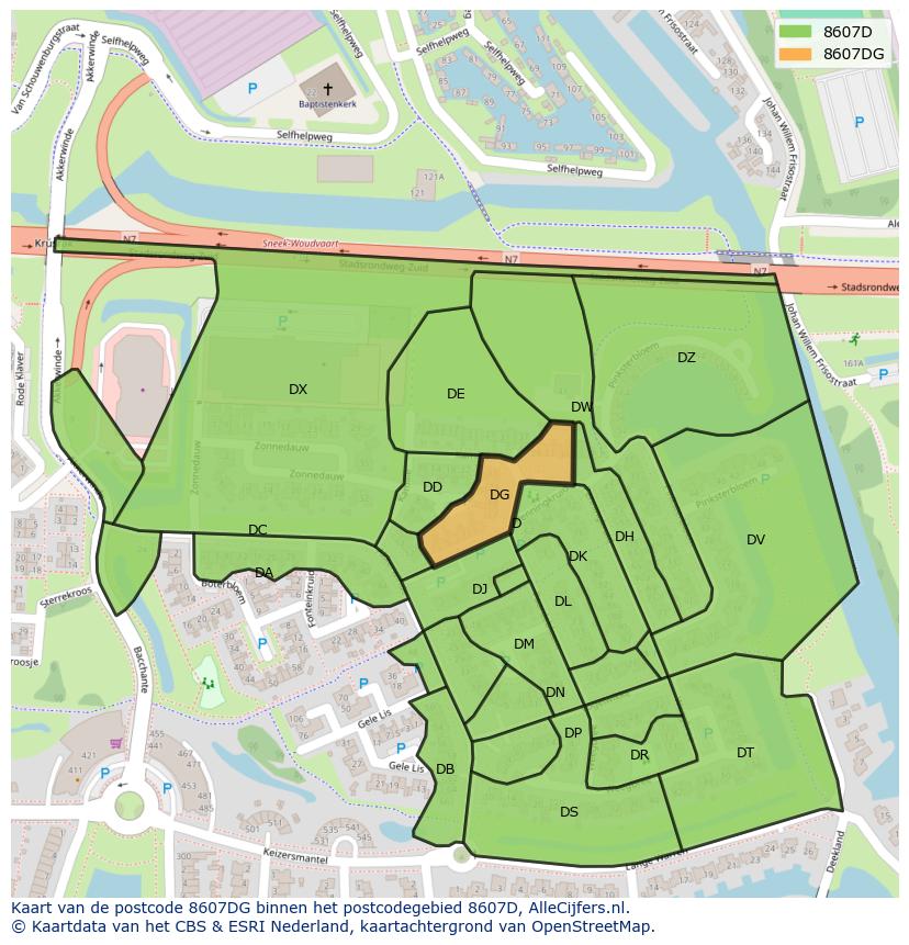 Afbeelding van het postcodegebied 8607 DG op de kaart.