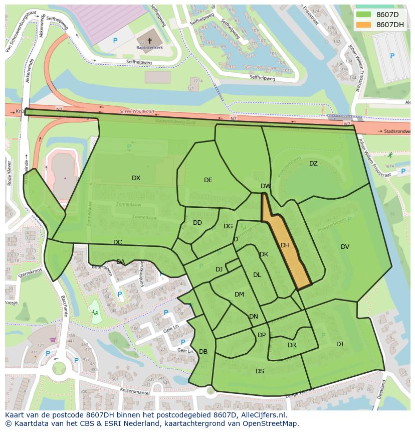 Afbeelding van het postcodegebied 8607 DH op de kaart.