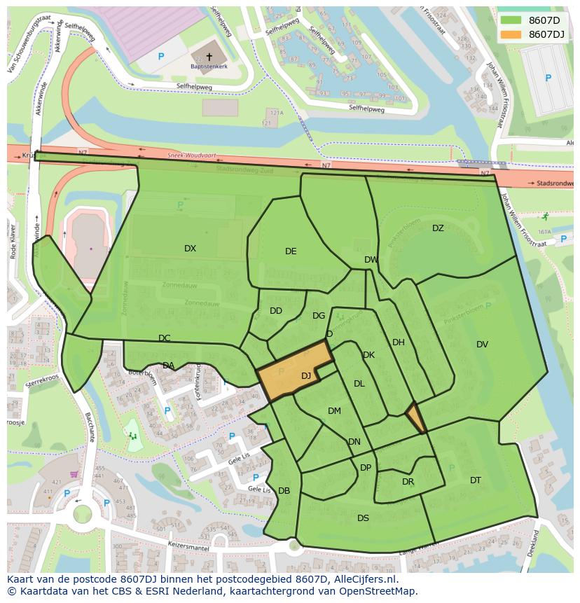 Afbeelding van het postcodegebied 8607 DJ op de kaart.