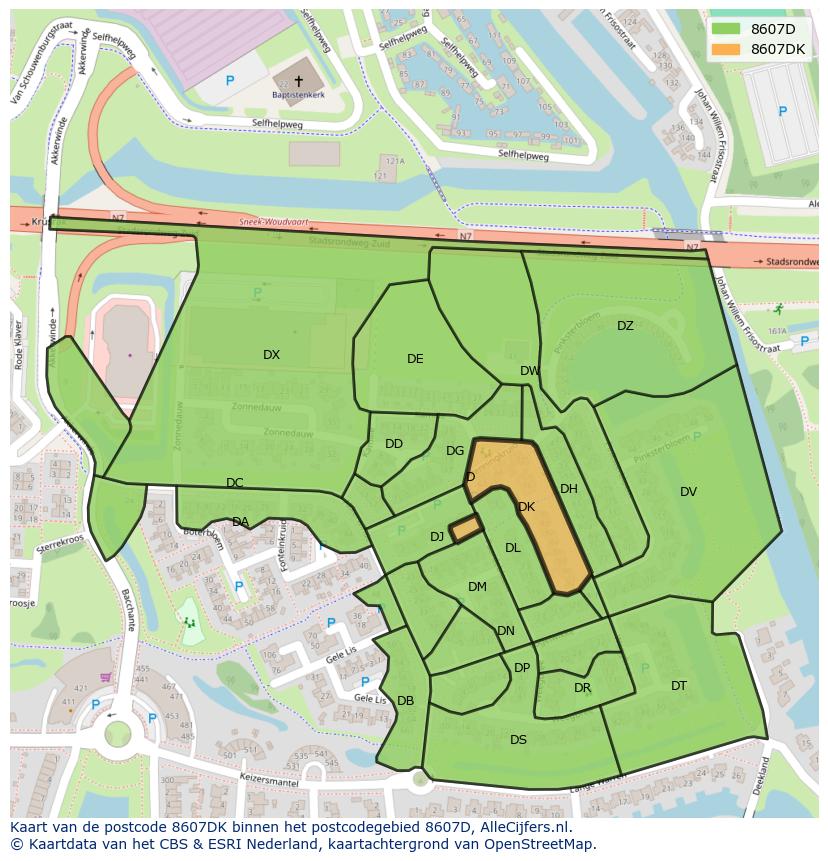 Afbeelding van het postcodegebied 8607 DK op de kaart.