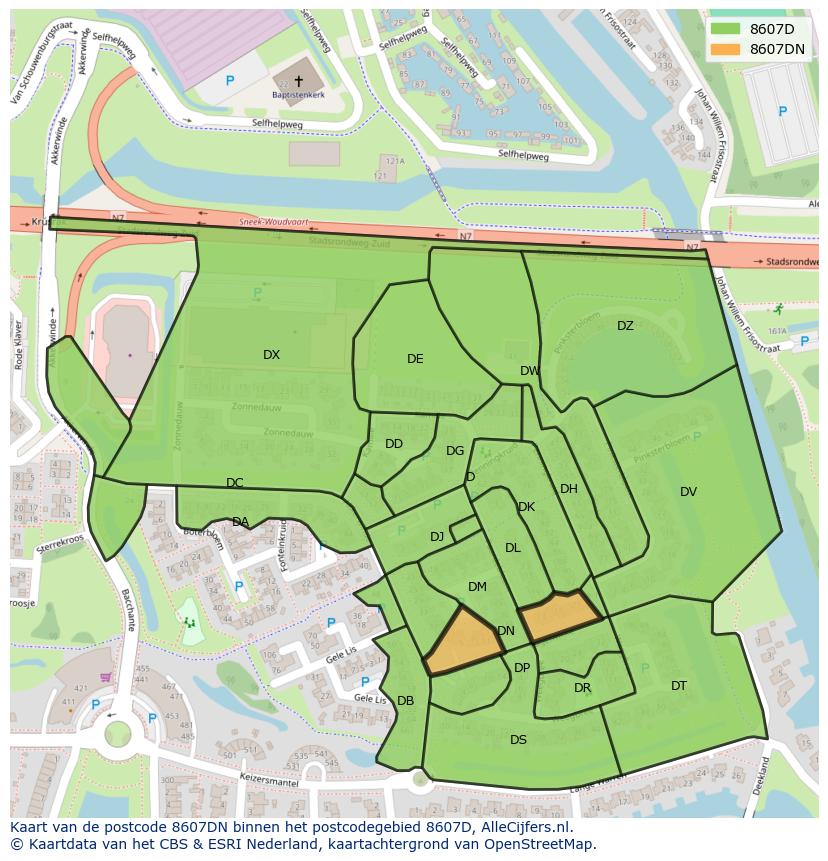 Afbeelding van het postcodegebied 8607 DN op de kaart.
