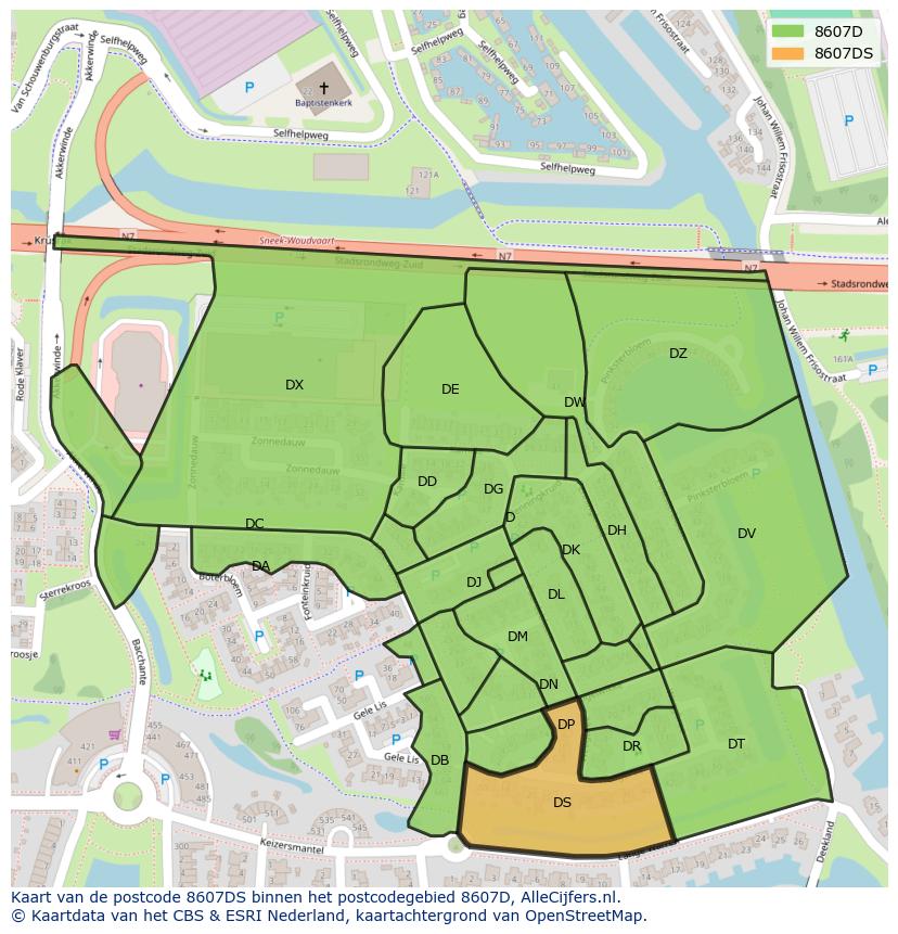 Afbeelding van het postcodegebied 8607 DS op de kaart.