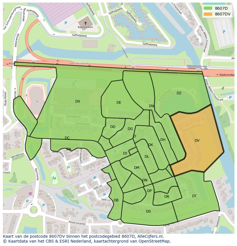 Afbeelding van het postcodegebied 8607 DV op de kaart.