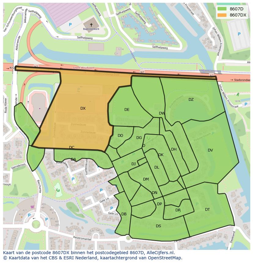 Afbeelding van het postcodegebied 8607 DX op de kaart.