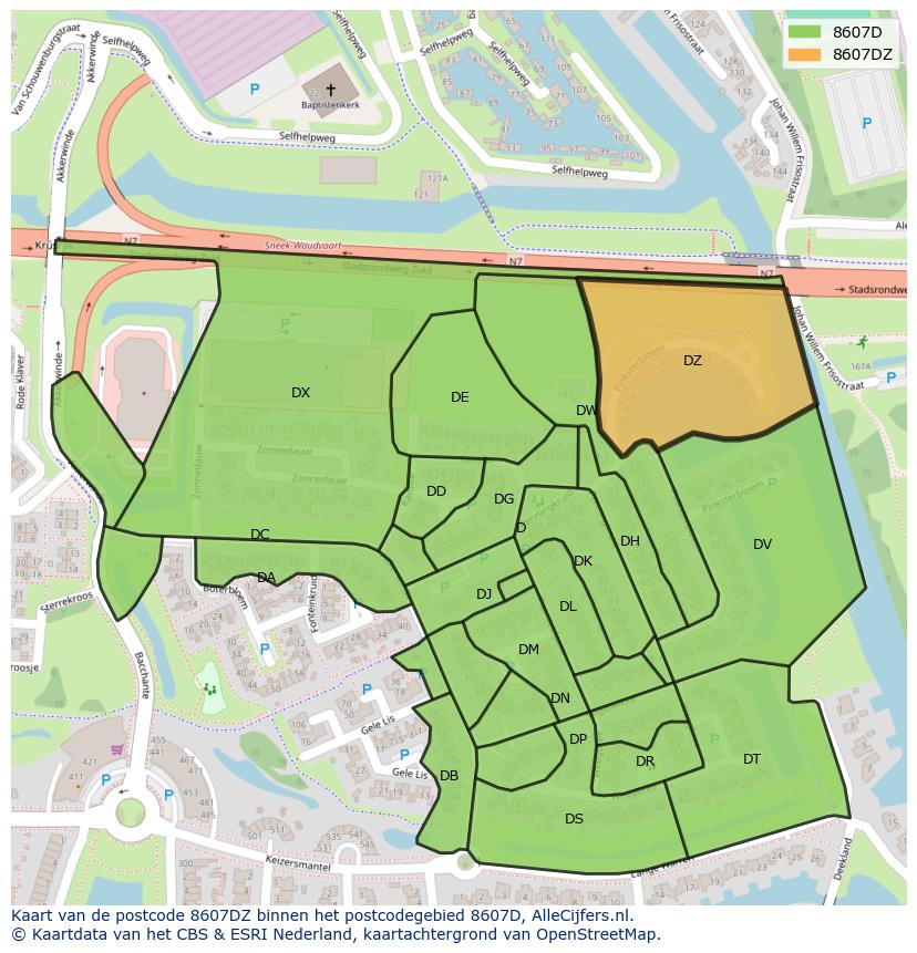 Afbeelding van het postcodegebied 8607 DZ op de kaart.